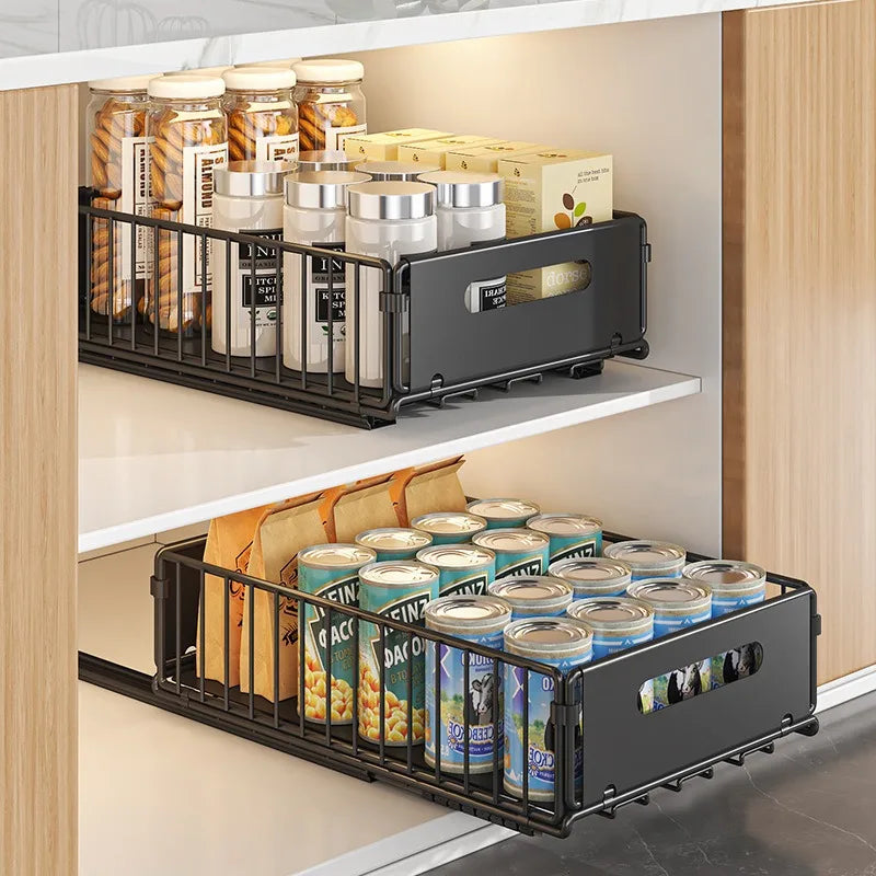 Pull-Out Cabinet Organizer Steel Glide Rack 15 in Deep Spice Jar Pantry Tray for Kitchen Storage Black