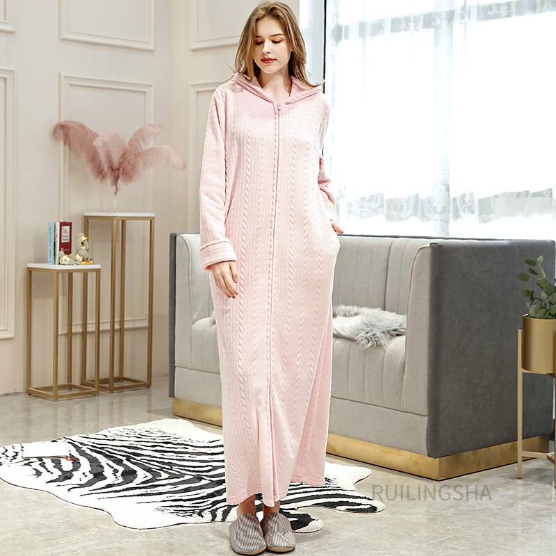 Zippered Fleece Bathrobe for Women & Men Hooded & Non-Hooded Thermal Lounge Robe with Pockets Soft Lightweight Warmth