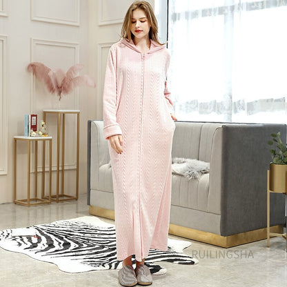 Zippered Fleece Bathrobe for Women & Men Hooded & Non-Hooded Thermal Lounge Robe with Pockets Soft Lightweight Warmth