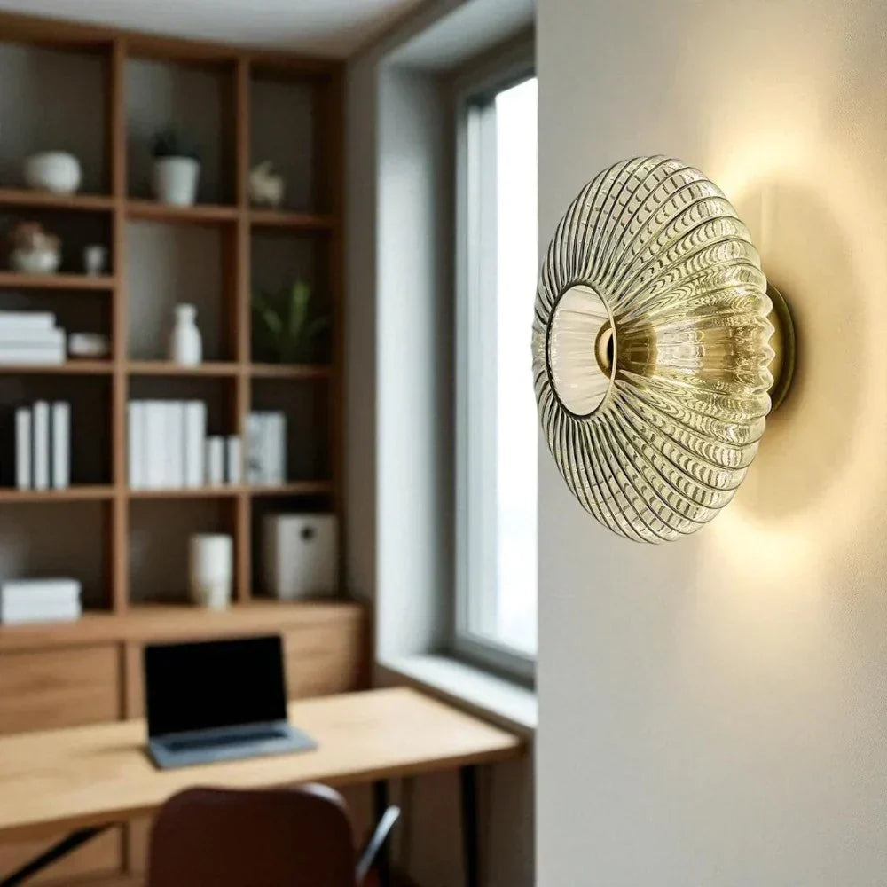 Textured Glass Wall Sconce Amber Finish Shell Design Bedroom Hallway Lighting Indoor Mounted Accent Fixture Vintage Modern Decorative Light