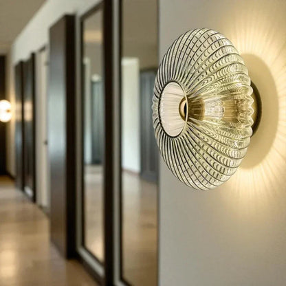 Textured Glass Wall Sconce Amber Finish Shell Design Bedroom Hallway Lighting Indoor Mounted Accent Fixture Vintage Modern Decorative Light