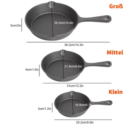 Cast Iron Skillet Set 3-Piece 6.3 8 10 Inch Black Uncoated Frying Pans Gas Electric Induction Campfire Cookware Stovetop to Oven Kitchen