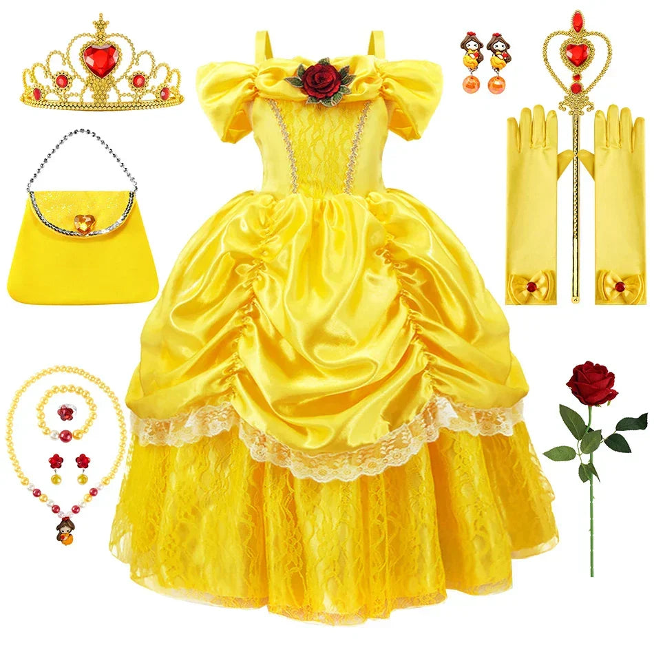 Girls Princess Gown Costume with Tiara and Gloves – Complete Belle-Inspired Dress-Up Set for Birthday Parties, Halloween, Cosplay & Special