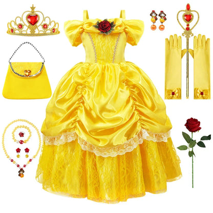 Girls Princess Gown Costume with Tiara and Gloves – Complete Belle-Inspired Dress-Up Set for Birthday Parties, Halloween, Cosplay & Special