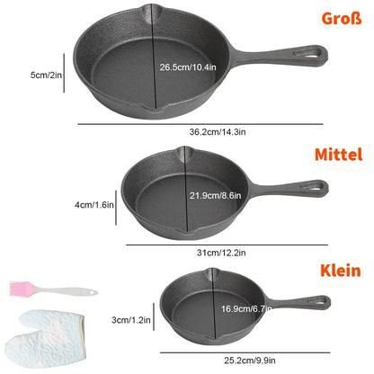 Cast Iron Skillet Set 3-Piece 6.3 8 10 Inch Black Uncoated Frying Pans Gas Electric Induction Campfire Cookware Stovetop to Oven Kitchen