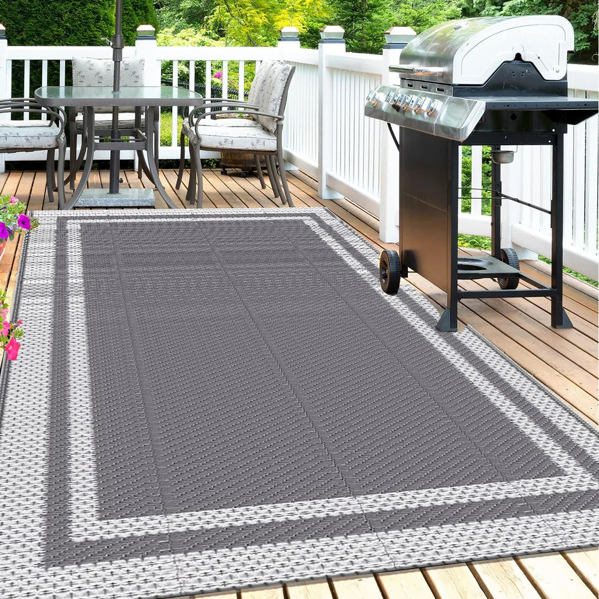 Weather-Resistant Floor Mat for Decks Porches Gardens 59×94 Inch Gray Reversible Woven Patio Covering for Camping RV Balcony