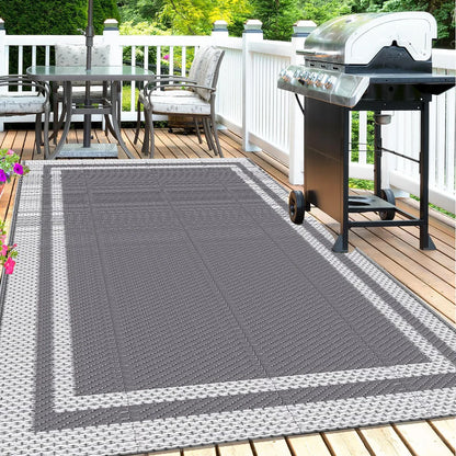 Weather-Resistant Floor Mat for Decks Porches Gardens 59×94 Inch Gray Reversible Woven Patio Covering for Camping RV Balcony