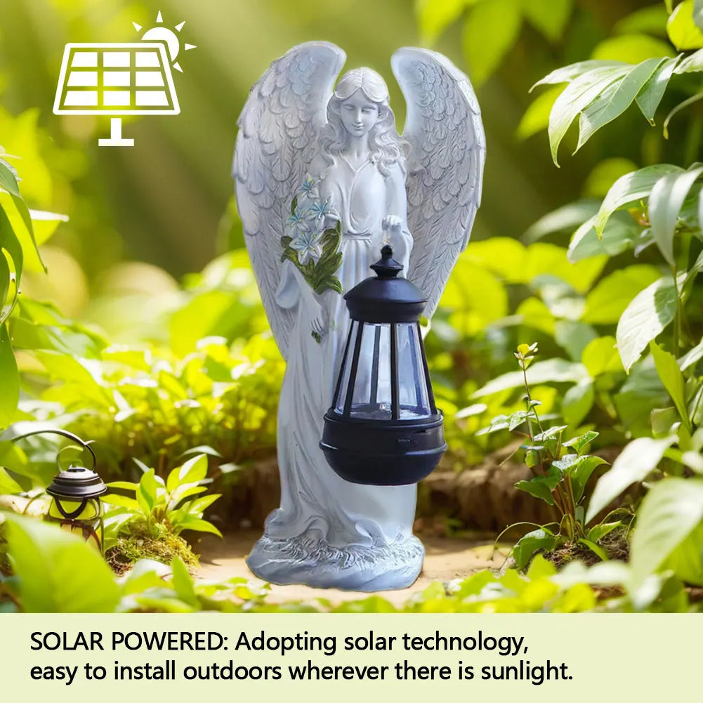 Solar Angel Figurine LED Light White Resin 12 Inch Waterproof Memorial Accent for Patio Pathway Yard Cordless Dusk to Dawn Automatic