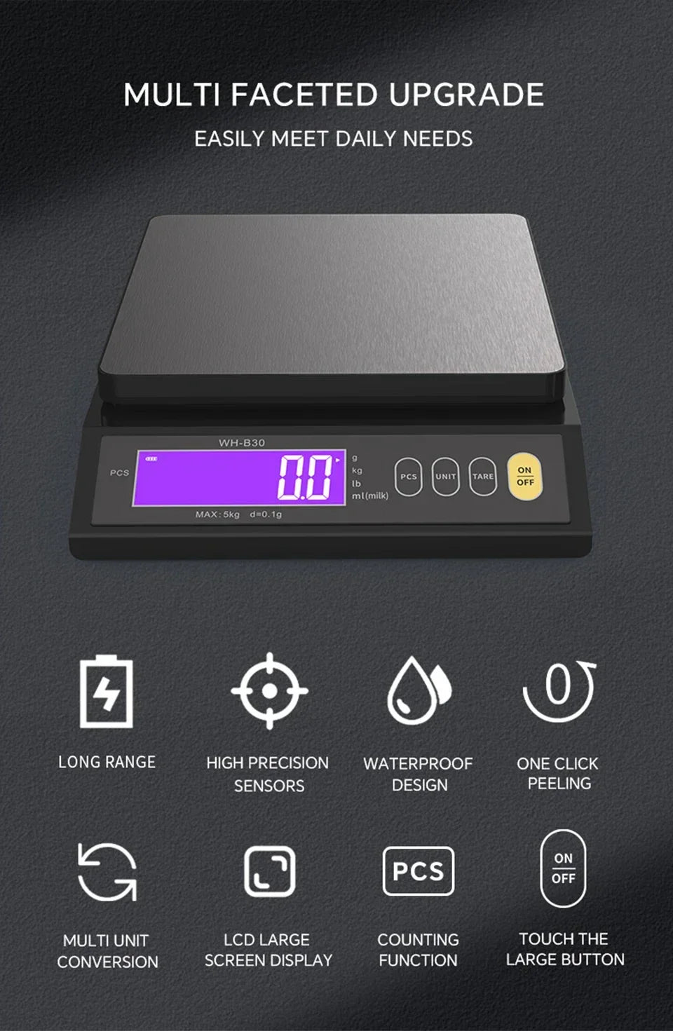 Waterproof Digital Food Scale – 11 lb / 1 oz or 22 lb / 0.04 oz Capacity, Rechargeable LCD Kitchen Scale for Meal Prep, Baking, Portion