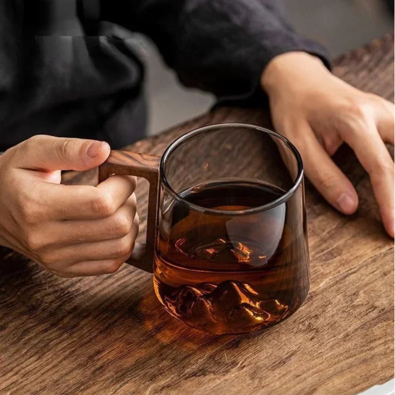 Alpine-Inspired Clear Glass Coffee Mug with Wooden Handle for Tea, Coffee & Hot Beverages | Borosilicate Heat-Resistant Drinkware for Home,