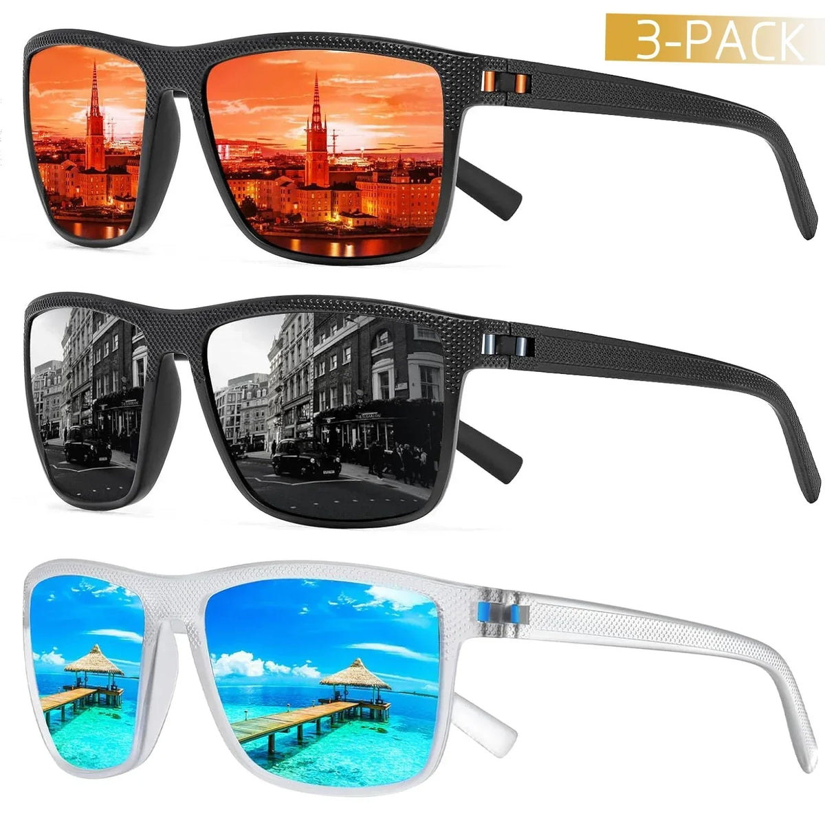 Polarized Sunglasses 3-Piece Set for Men & Women Outdoor Sports Driving UV400 Protection Lightweight Frames