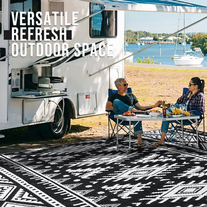 Woven Reversible Patio Mat with Braided Plastic Construction for Decks, Balconies & Camping | Weather-Resistant Geometric Floor Covering