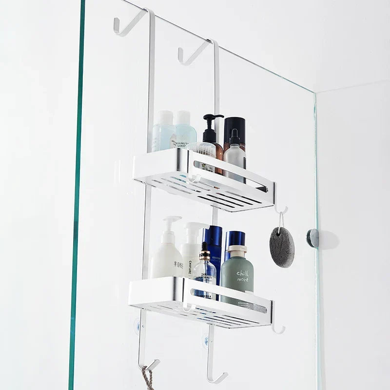 Over-Door Shower Caddy Aluminum 38 in Tall No-Drill Bathroom Organizer for Shampoo Toiletries Glass Door Mount 2-3 Tier Storage Rack