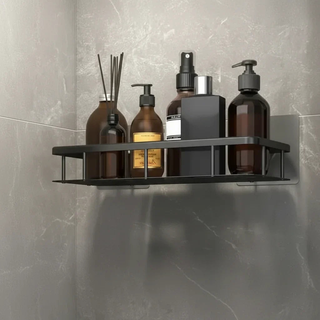 Wall Mount Adhesive Shower Caddy Corner Organizer – No-Drill Waterproof Storage Rack for Bathroom, Toilet & Sink – ABS & Steel in Black or S