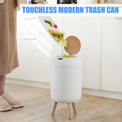 Sensor Garbage Can 2.6 Gallon Automatic Lid Wood Base Small Waste Basket White Black Green for Kitchen Bathroom Bedroom Office Compact Infra