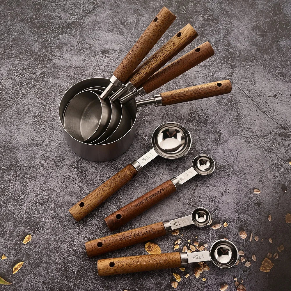 Stainless Steel Kitchen Measuring Spoons 8-Piece Set with Wood Handles for Baking Cooking Spice Portioning Recipe Prep Home Chef Tools