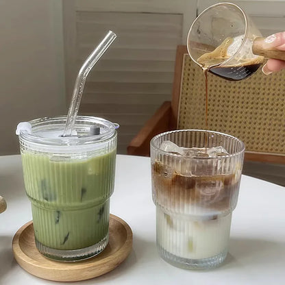Glass Travel Tumbler with Straw & Lid for Coffee, Tea & Juice - Insulated Borosilicate Cup with Ribbed Design - Reusable Portable Drinkware