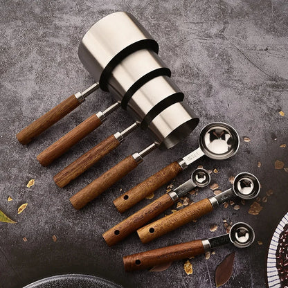 Stainless Steel Kitchen Measuring Spoons 8-Piece Set with Wood Handles for Baking Cooking Spice Portioning Recipe Prep Home Chef Tools