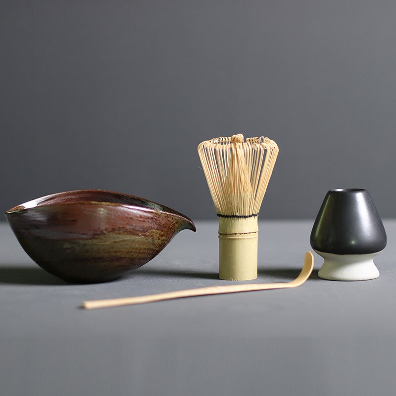 Ceremonial Matcha Tea Preparation Kit — Bamboo Whisk, Ceramic Bowl, Scoop & Holder — 4-Piece Japanese Tea Set for Home Brewing