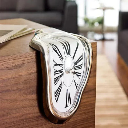 Flowing Timepiece Aluminum Quartz Roman Numeral Display 7 x 5 x 6 Inches Silver Statement Clock for Desktop Mantel Shelf Surrealist Home Off