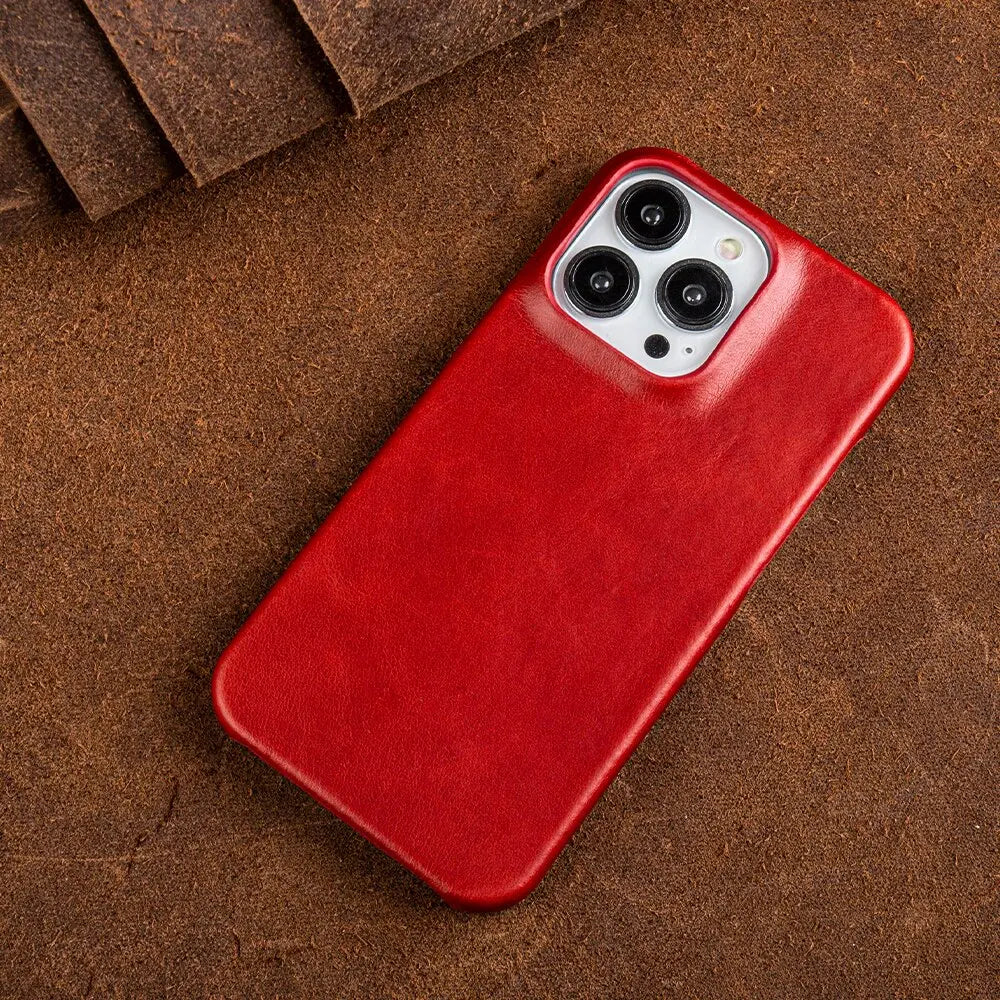 Handcrafted Full-Grain Cowhide iPhone Case – Shock-Absorbing Edge Protection with Raised Camera Lip and Port Precision