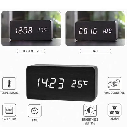 Digital LED Desk Clock with Triple Alarms Temperature Display Brightness Control Wood Grain Finish USB Powered for Bedroom Office Nightstand