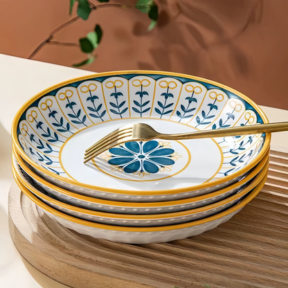 Hand-Painted Floral Porcelain Plates Set of 4 Navy Blue Gold 7.9 Inch Salad Dessert Breakfast Dishes Ceramic Tableware for Kitchen Dining Ro