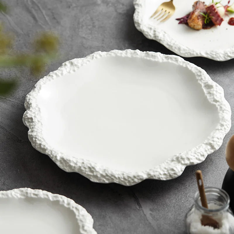 Stoneware Serving Plate 10.5 Inches Round Textured Edge Tabletop Dinnerware Porcelain Dish for Home Kitchen Daily Meals Large Platter Rustic