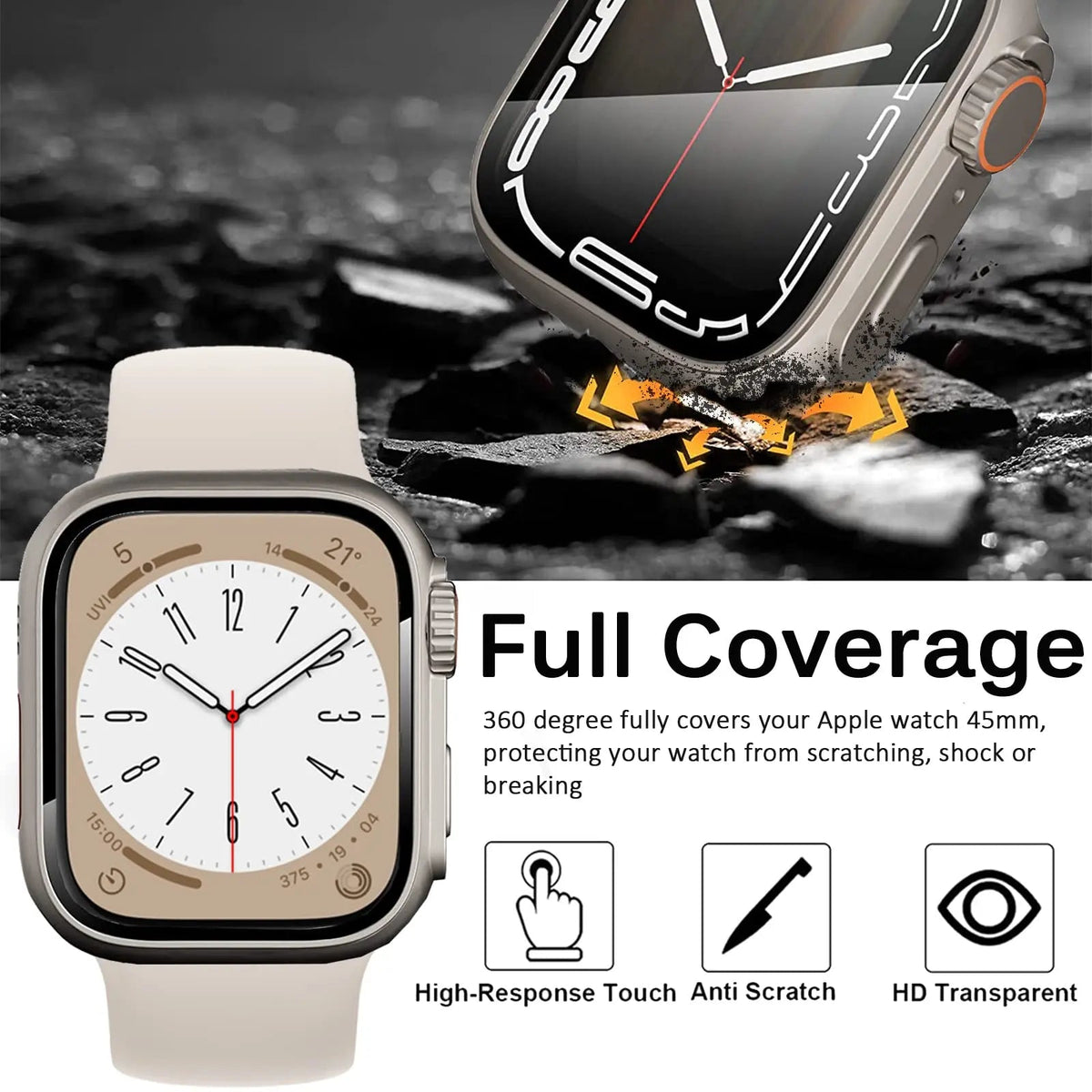 Hardened Glass Shield Case for Apple Watch Series 7/8/SE – Full Display Coverage, Crown Access, 40-45mm Sizes