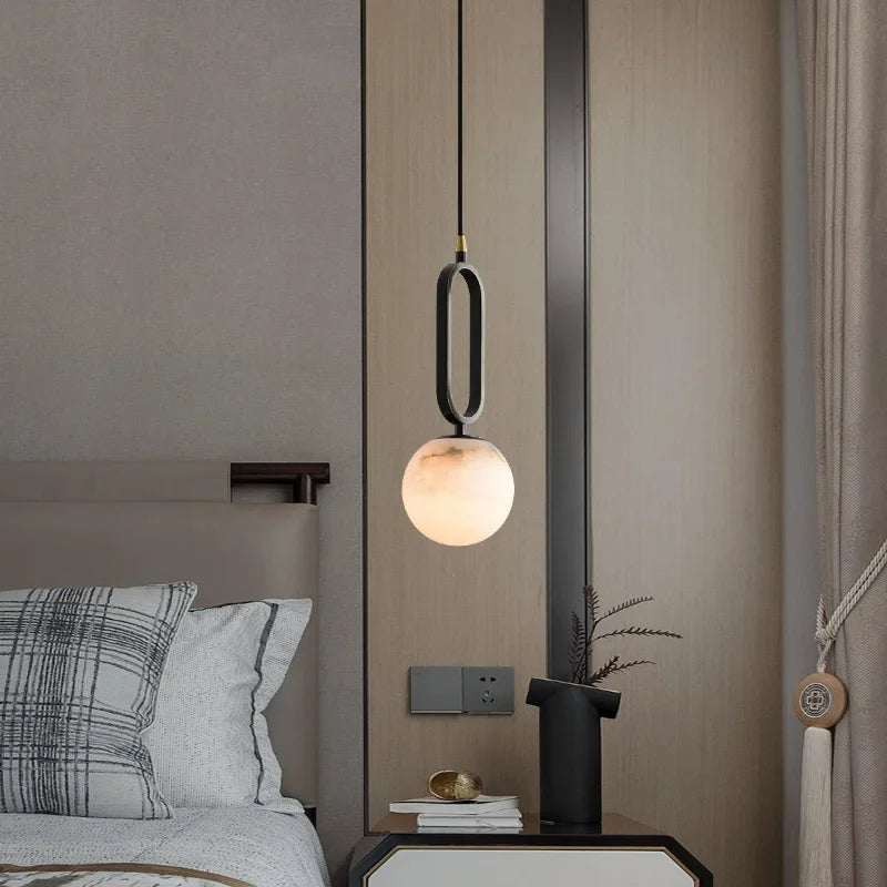 Stone Hanging Light Fixture Natural Marble Pendant with Copper Detail Black Gold for Kitchen Island Dining Room Bedroom Hotel Lobby Modern M