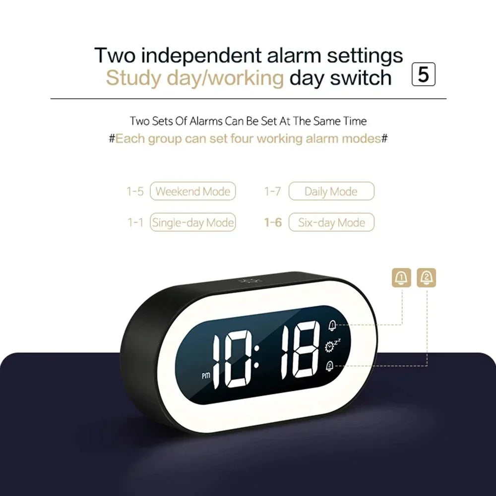 Digital LED Clock Rechargeable USB Bedside Wake-Up Timer with Calming Sounds & Adjustable Nightlight for Bedroom Travel Home Office