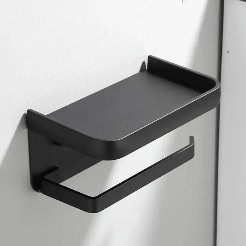 Wall-Mount Bathroom Tissue Holder with Top Shelf for Phone Storage Black Aluminum 7.2 Inch Powder Room Organizer Compact Space-Saving Access