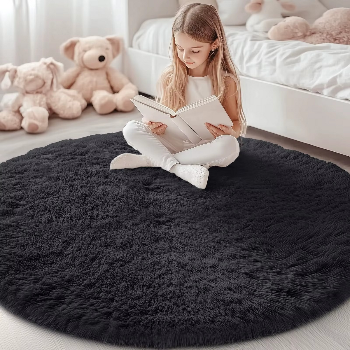 Round Shag Area Rug 59 Inch – Ultra Soft Plush Circle Carpet for Living Room Bedroom Playroom Nursery – Non-Slip Backing Machine Washable
