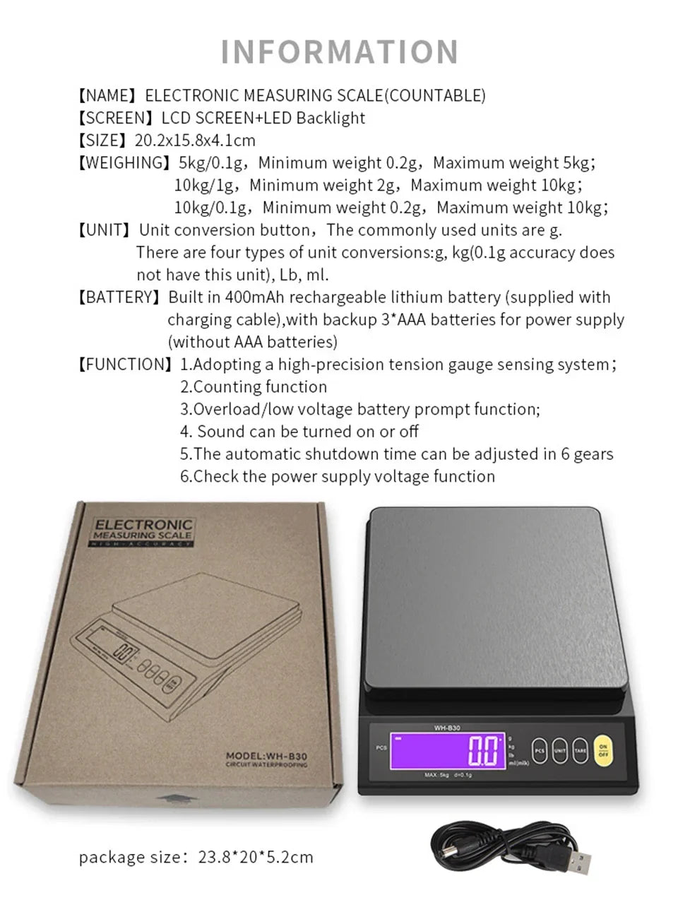 Waterproof Digital Food Scale – 11 lb / 1 oz or 22 lb / 0.04 oz Capacity, Rechargeable LCD Kitchen Scale for Meal Prep, Baking, Portion