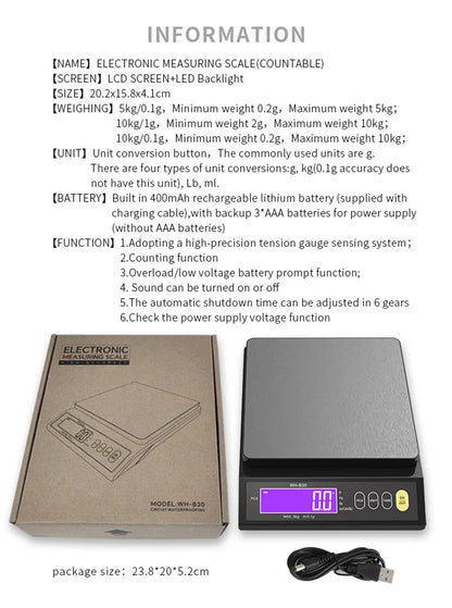 Waterproof Digital Food Scale – 11 lb / 1 oz or 22 lb / 0.04 oz Capacity, Rechargeable LCD Kitchen Scale for Meal Prep, Baking, Portion