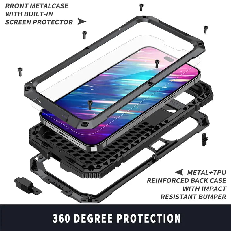Heavy-Duty Metal Phone Case for iPhone 14, 13, 12, 11 – Full-Edge Protection with Raised Camera Guard & Tactile Grip