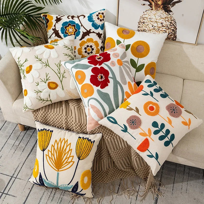 Floral Embroidered Throw Pillow Cover 18x18 Inches Cotton Canvas White Decorative Cushion Case for Couch Bed Chair Farmhouse Modern Living R