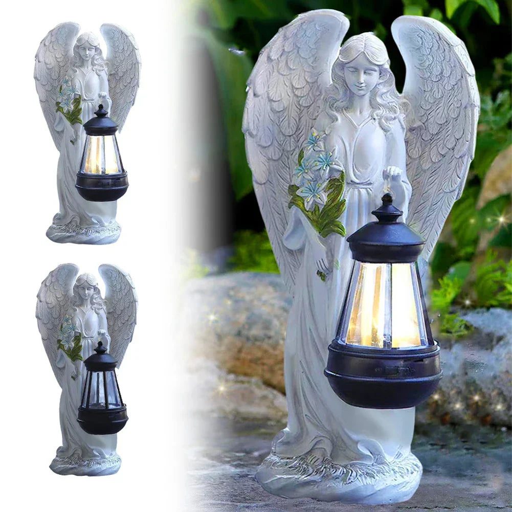 Solar Angel Figurine LED Light White Resin 12 Inch Waterproof Memorial Accent for Patio Pathway Yard Cordless Dusk to Dawn Automatic