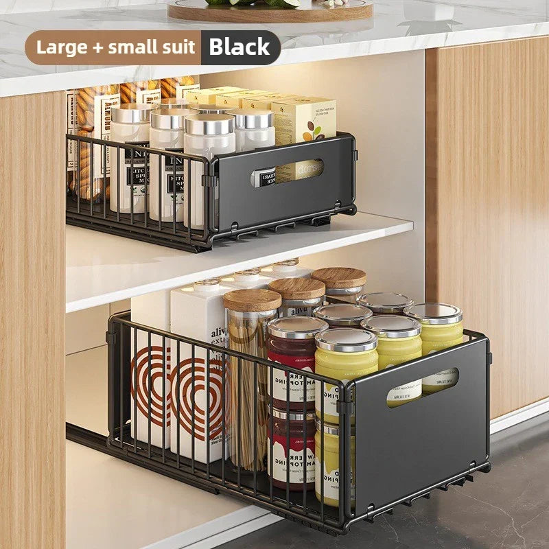 Pull-Out Cabinet Organizer Steel Glide Rack 15 in Deep Spice Jar Pantry Tray for Kitchen Storage Black