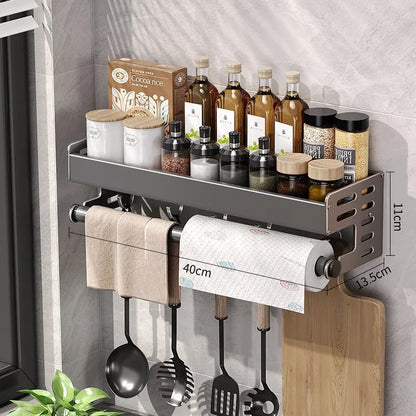 Aluminum Shelf Organizer Gunmetal Gray 20-Inch Wall Mount Spice Rack with Towel Bar Adhesive or Screw Install for Small Kitchen Rental Apart
