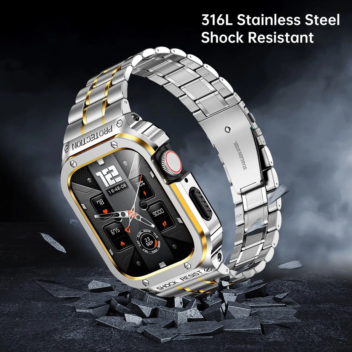 Metal Band and Bumper Case Bundle for Apple Watch 44mm 45mm Series – Shock-Absorbing Frame with Coordinated Strap in Black Silver Gold