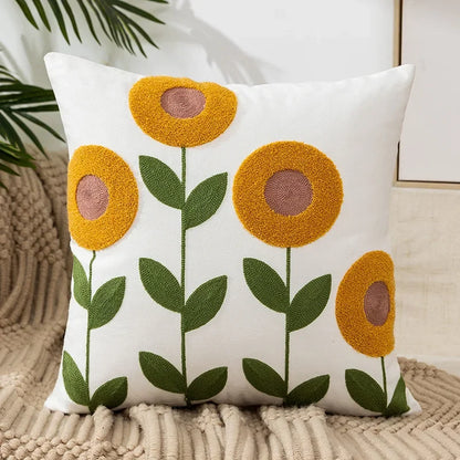 Floral Embroidered Throw Pillow Cover 18x18 Inches Cotton Canvas White Decorative Cushion Case for Couch Bed Chair Farmhouse Modern Living R