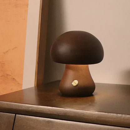 Rechargeable LED Mushroom Night Light with Touch Dimmer for Bedside, Nursery & Kids Room | Cordless Wooden Lamp