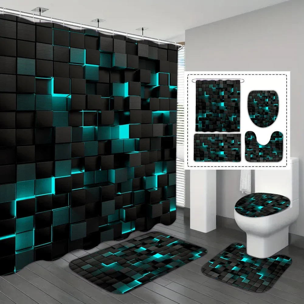 4-Piece Bathroom Mat and Shower Curtain Set in Waterproof Blue and Black