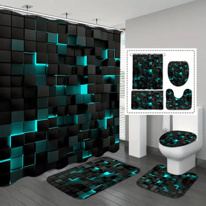 4-Piece Bathroom Mat and Shower Curtain Set in Waterproof Blue and Black