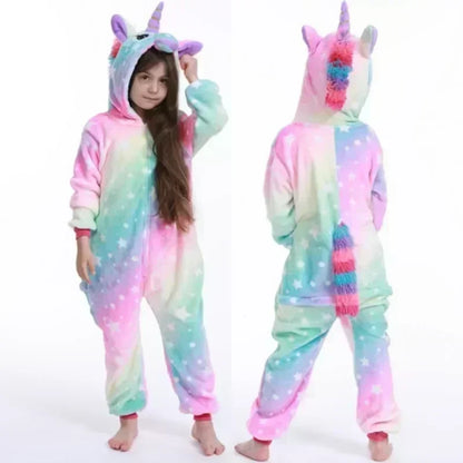 Girls Hooded Unicorn Jumpsuit Fleece Sleepwear Rainbow Costume for Kids Indoor Lounging Warm One-Piece Pajamas Children Winter Nightwear Sof