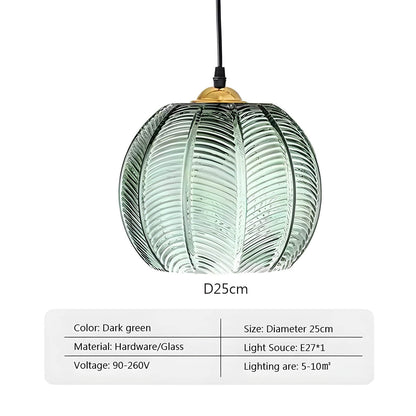 Fluted Globe Hanging Fixture Green Textured Glass Shade 10-Inch E27 Socket Dining Kitchen Island Overhead Lighting for Modern Retro Interior