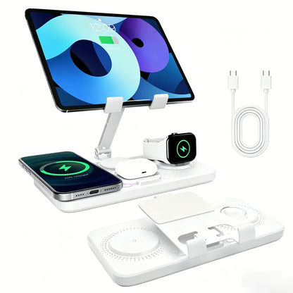 Multi-Device Wireless Charging Station with Adjustable Tablet Holder for Phones, Watches & Earbuds