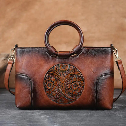 Embossed Leather Handbag for Women with Adjustable Strap and Multiple Compartments – Vintage-Inspired Shoulder Bag Purse
