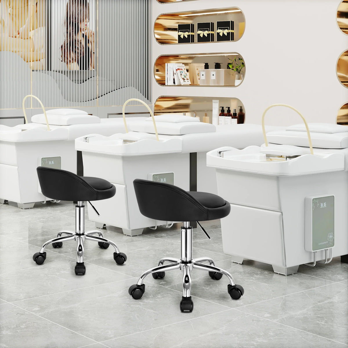 Cushioned Task Chair with Wheels Height Adjustable 21–26 Inches Compact Swivel Seat for Vanity Desk Salon Workspace Studio Home Office